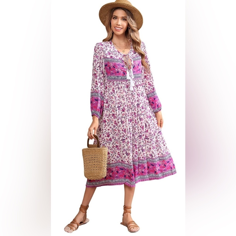Women's Long Sleeves Floral Print Retro V Neck Tassel Casual Bohemian Midi Dress